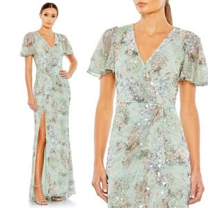 Mac Duggal NEW Seamist Green Embellished Butterfly Sleeve Faux Wrap Gown Size 16